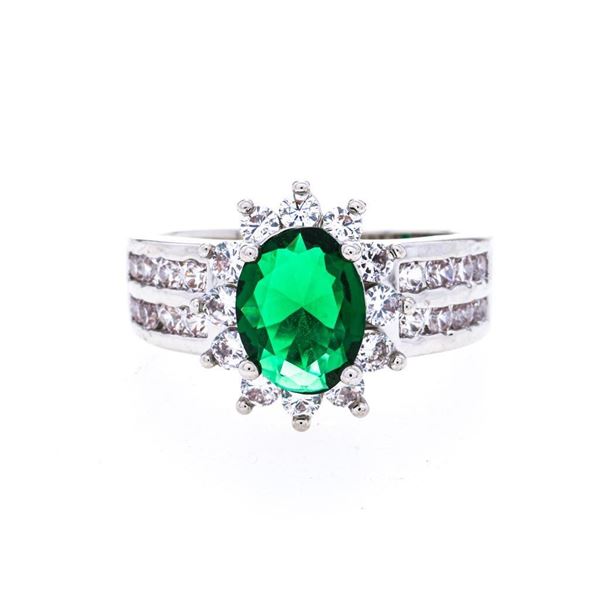 Silver Oval Cluster Style Ring, Emerald Green w/ H