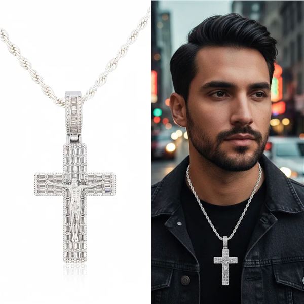 Rhodium/Silver Cross Pendant Crucifix & 4mm 24" Ro