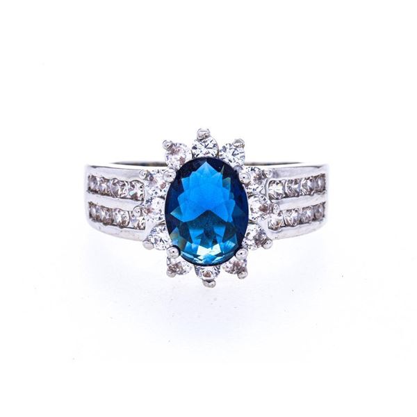Silver Oval Lady Diana Style Saphire Blue Cluster