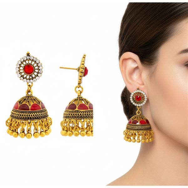 Jhumka Inlaid Water Diamond Antique Gold Earrings