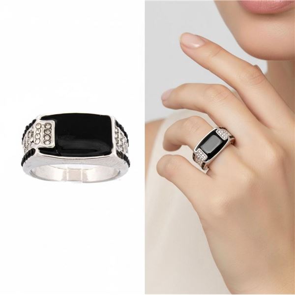 Silver Composite Signet Syle Black Enamel Ring w/