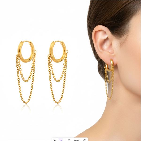 18kt Luxurious G.P. Hoop w/ Chain Earrings