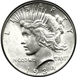 GEM 1934 US SILVER PEACE DOLLAR-MS65