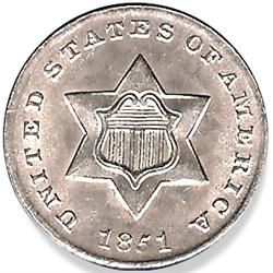 GEM 1851 3 CENT SILVER-CH BU+
