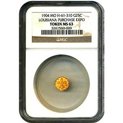 RARE 1904-MO LOUISIANA PURCHASE EXPO 1/4 25CENT GOLD TOKEN -NGC MS 63