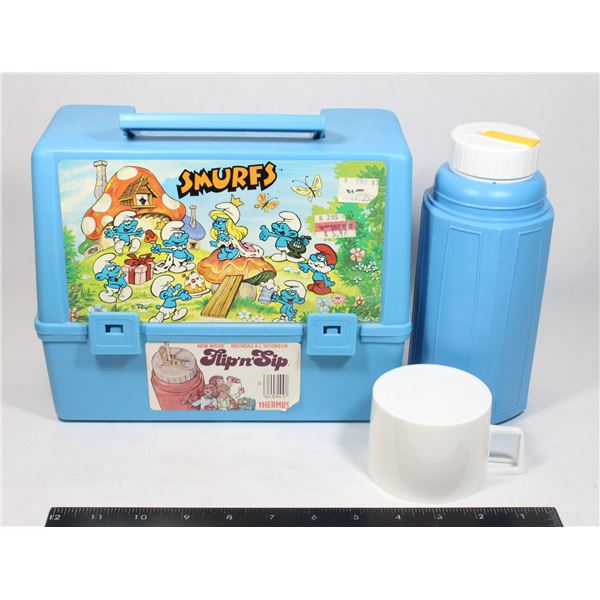 VINTAGE SMURFS THERMOS LUNCH BOX WITH FLIP N SIP