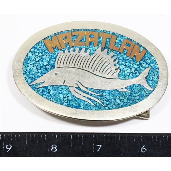 SILVER MAZATLAN BELT BUCKLE MADE IN MEXICO