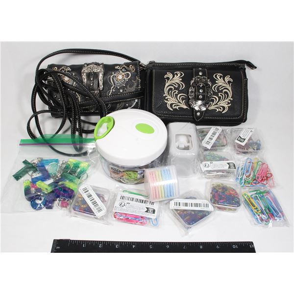 PAIR OF WOMEN'S PURSES, FOOD CHOPPER, AND MORE