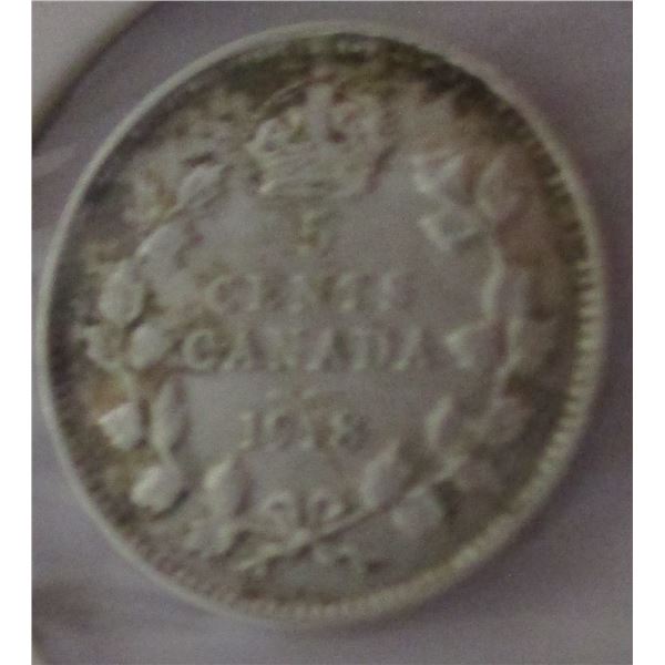 1918 VF CANADA KING GEORGE V REAR SCRATCH SILVER FIVE CENT