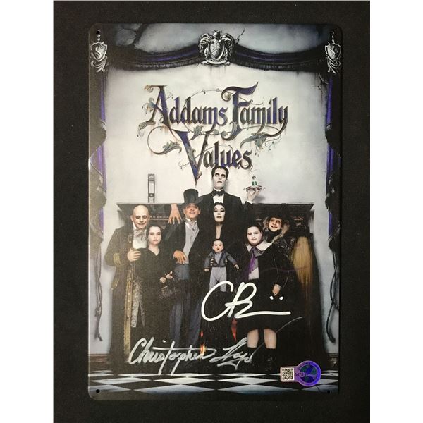 CHRISTOPHER LLOYD AND CHRISTINA RICCI DUAL SIGNED ADDAMS FAMILY TIN SIGN - WWOC COA