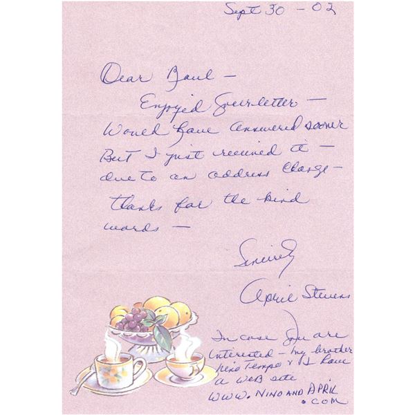 Grammy Winner April Stevens handwritten signed letter