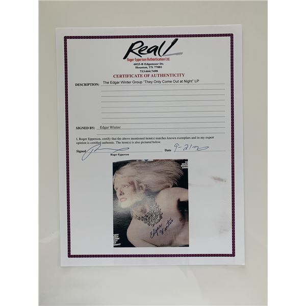 Edgar Winter signed The Only Come Out At Night album cover