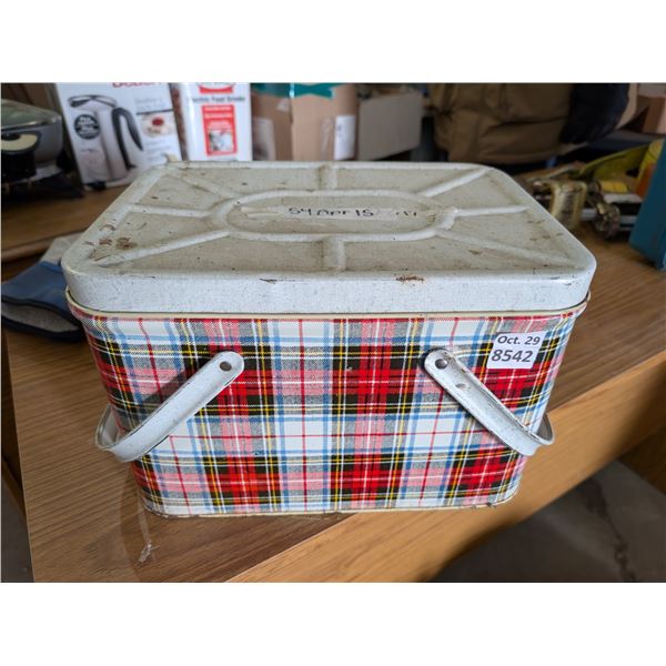 Vintage Metal Picnic Box w/ Plates, Bowls, and etc.