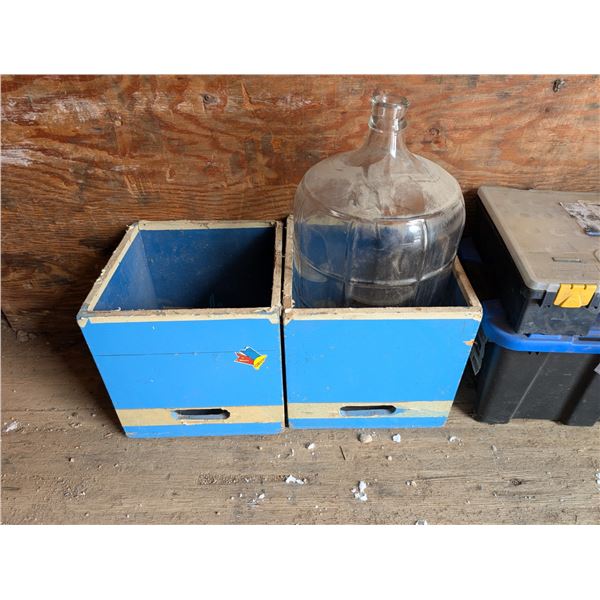 (2) Wood Carry Boxes w/ Vintage Glass Water Jug Made in Italy 6 Gal