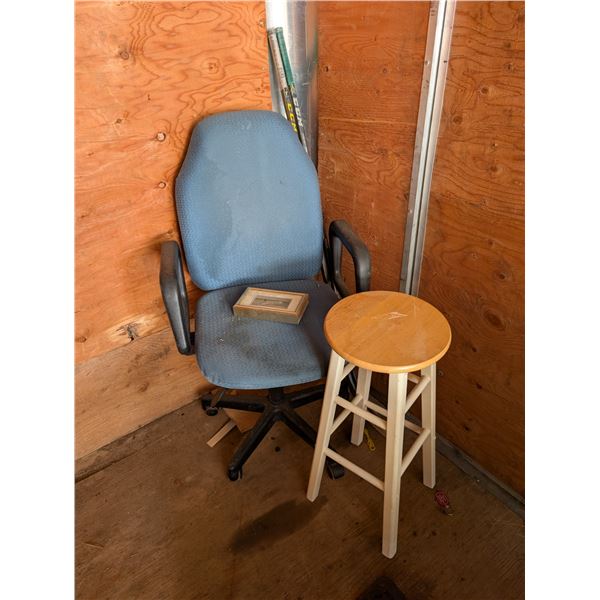 Stool, Office Chair, and Hockey Sticks
