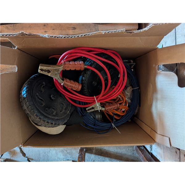 Box of Booster Cables, Misc. Cords, and etc.