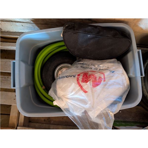 Storage Tub w/Hose, Wheels, Staple Gun, and etc.