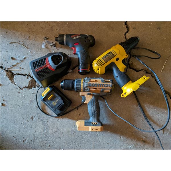 (3) Drills (BOSTICH Drill Works w/ Charger) (2) Not Tested w/ No Batteries