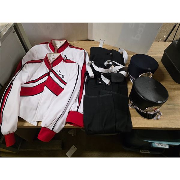 SLB Band uniforms- 2 shirts, 2 pants and 2 hats- sizes 30XXS and 44S shirts and 24-36, 34-32 pants