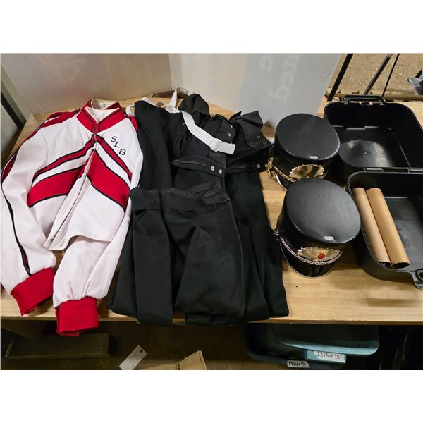 SLB Band uniforms- 2 shirts, 2 pants and 2 hats- sizes 52R and 38S shirts and 26-38, 24-30 pants