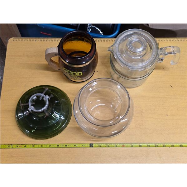 Pyrex coffee pot, green glass lamp base and misc items