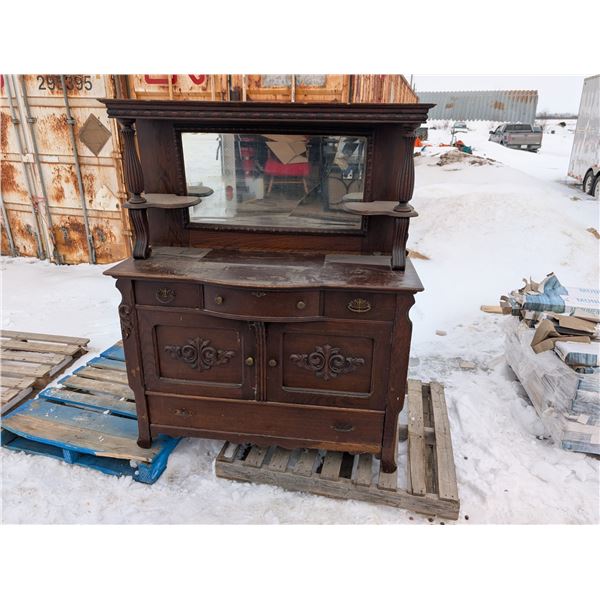 24"x55"x39" /53"x28"x13" Vintage Wood Dresser w/ Mirror Unique Designed Handles and Wood Carved Part