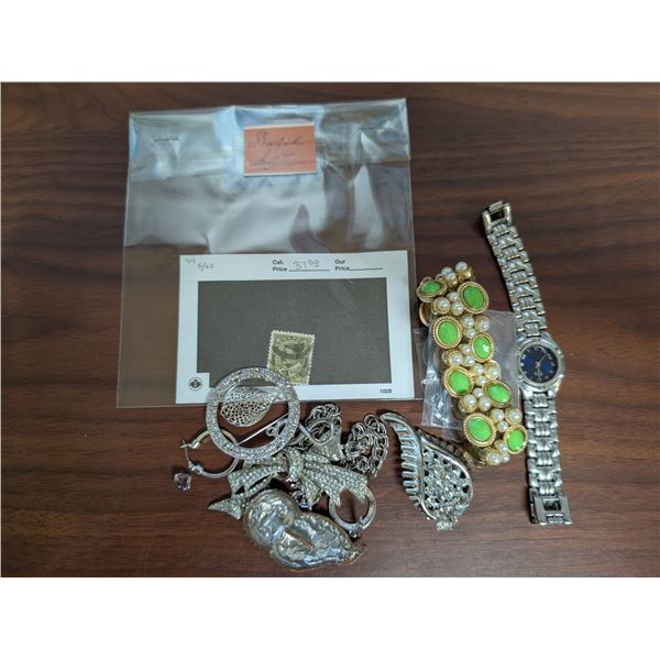 Silver Toned Jewelry, Watches, and 1918 Canada Post 20 Cents Stamp