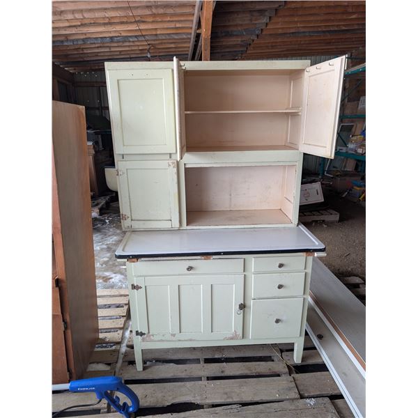 Painted maple hoosier with rolltop, cabinets, and enamel top - 41"x26"x68" - 2 pcs for easy transpor