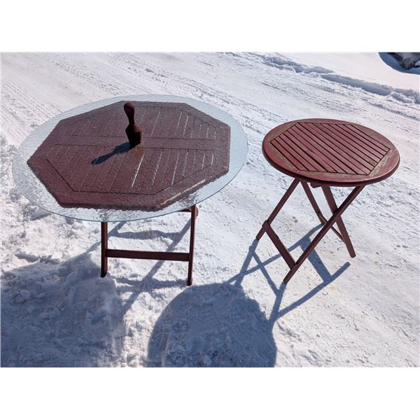 (2) Red Coloured Wood Round Picnic Tables (1) W/ Glass Round Top