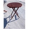 Image 2 : (2) Red Coloured Wood Round Picnic Tables (1) W/ Glass Round Top
