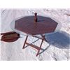 Image 6 : (2) Red Coloured Wood Round Picnic Tables (1) W/ Glass Round Top