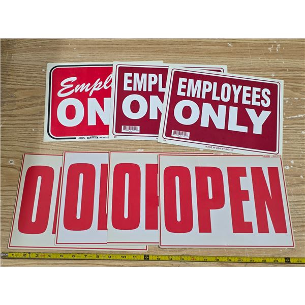 4  open signs and 3 employees only signs