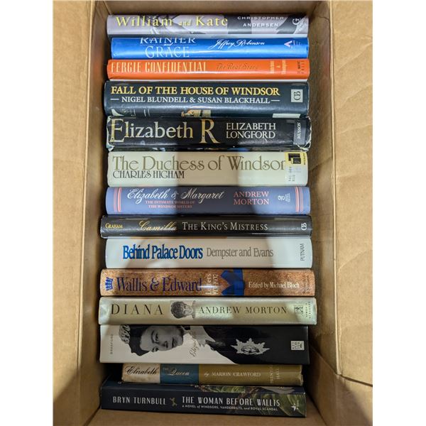 Box full of Princess Diana Books, Queen Elizabeth, and etc.