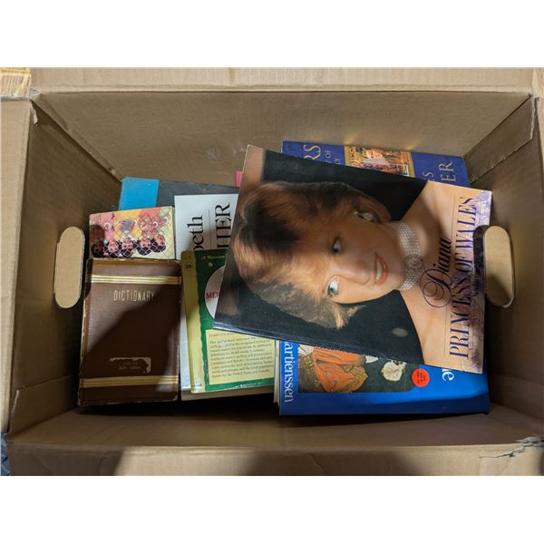 Box full of Princess Diana Books, Queen Elizabeth, and etc.