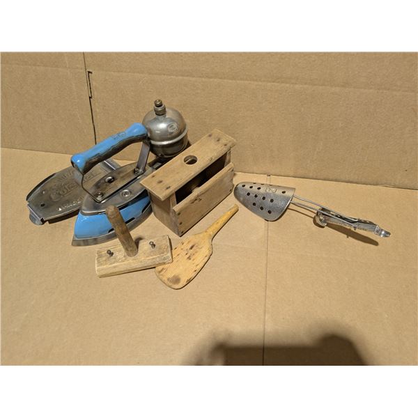 Vintage Lot (Vintage Coleman, Iron, Vintage Wood Items, and etc.)