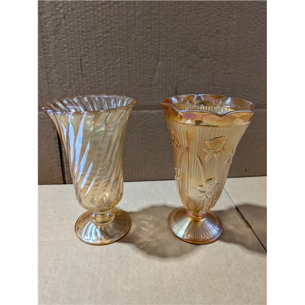(2) Orange Glass Vases (1) Marked FL49/16 and (1) W/ Floral Design