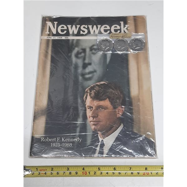 1968 Newsweek - Robert F. Kennedy 1925-1968 and (3) 1971 U.S.A. Kennedy Half Dollars.