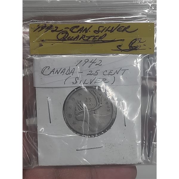 1942 Canada Silver 25 Cents Coin.