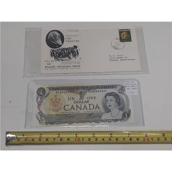 1973 Canada One Dollar and First Day Cover.