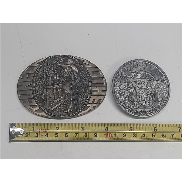 Vintage Redneck Mother and Canadian Power Oil Field Services Ltd. Belt Buckles.