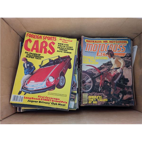 Box full of Vintage Foreign Sports Cars, Imported Cars, Motocross Magazines from Late 20th Century E