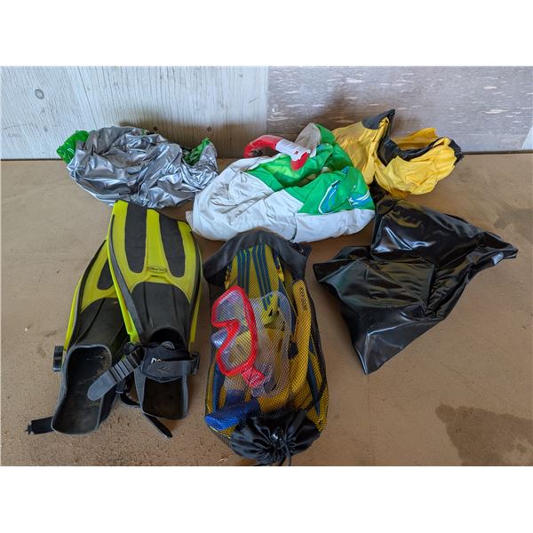 Box of Pool Floaties, Flippers, Snorkels, and etc.