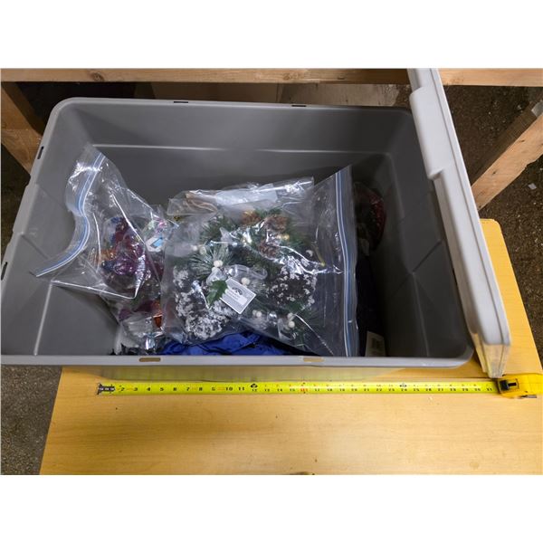 Bin of christmas decorations