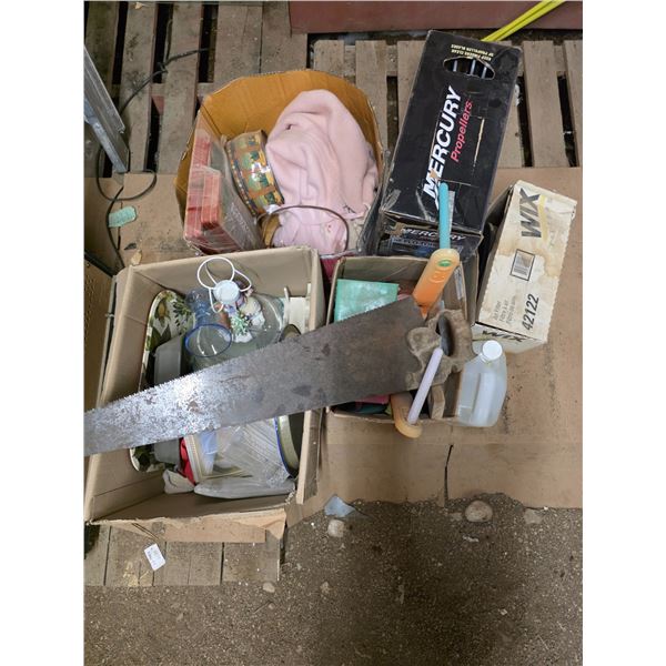 Pallet of misc items, hand saw, dishware and filter