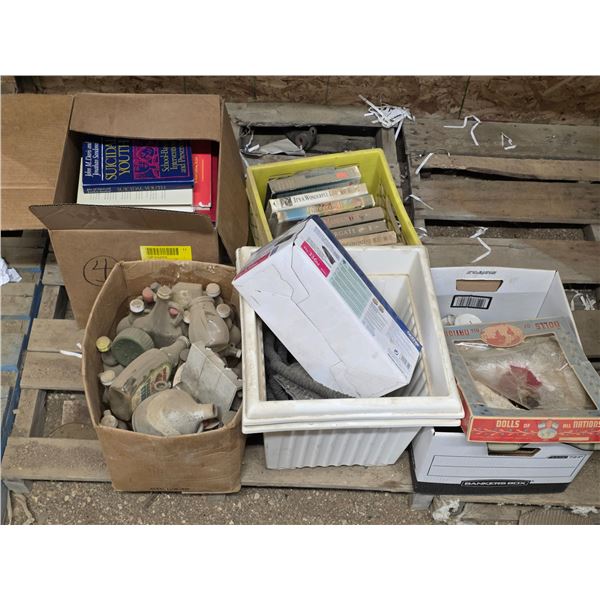 Pallet of misc items, VHS movies, dishes, books and glassware
