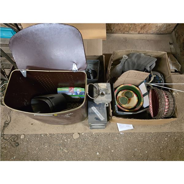 Lot of misc items, hamper, décor and glassware