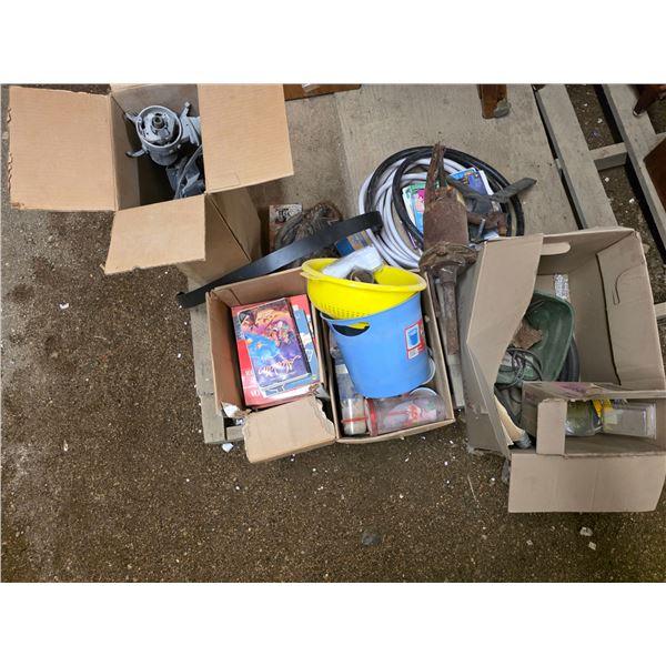 Pallet of misc items, tubing, baseball glove, books, hardware