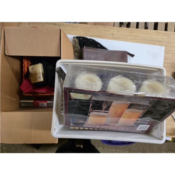 Lot of misc items, laundry basket, candle set