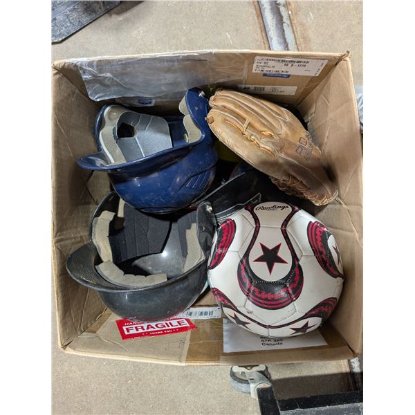 Box of Sports Items (Baseball Helmets, Soccer Balls, etc.)