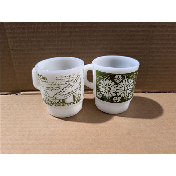 (2) Vintage Fireking Mugs (Floral Design and Veichle Design)
